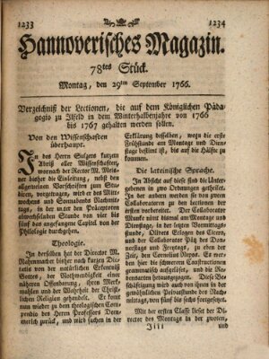 Hannoverisches Magazin (Hannoversche Anzeigen) Montag 29. September 1766