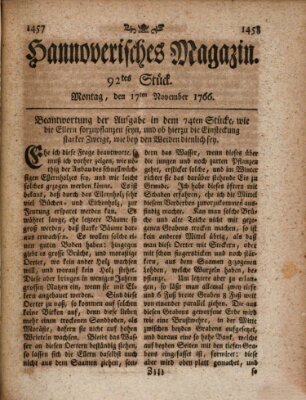 Hannoverisches Magazin (Hannoversche Anzeigen) Montag 17. November 1766