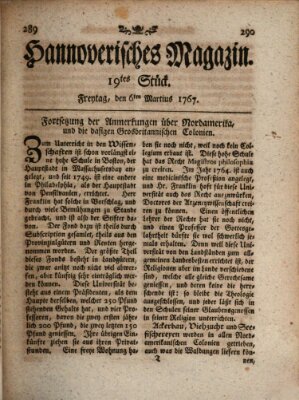 Hannoverisches Magazin (Hannoversche Anzeigen) Freitag 6. März 1767