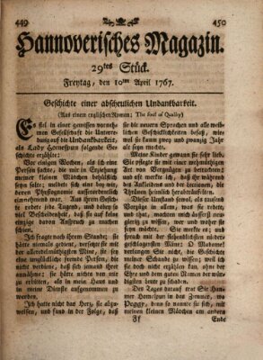 Hannoverisches Magazin (Hannoversche Anzeigen) Freitag 10. April 1767