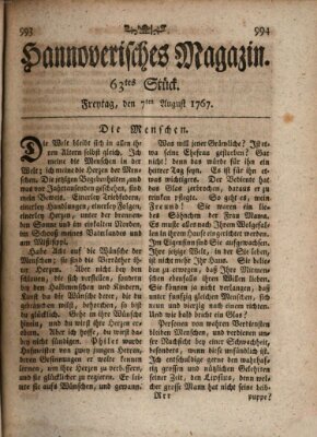 Hannoverisches Magazin (Hannoversche Anzeigen) Freitag 7. August 1767