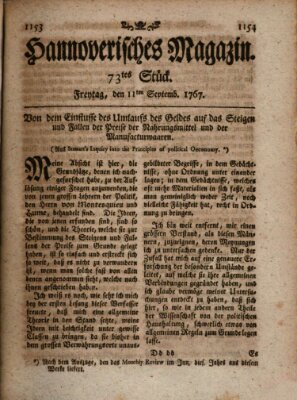 Hannoverisches Magazin (Hannoversche Anzeigen) Freitag 11. September 1767