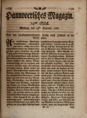 Hannoverisches Magazin (Hannoversche Anzeigen) Montag 14. September 1767