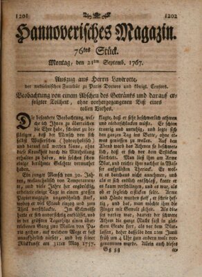 Hannoverisches Magazin (Hannoversche Anzeigen) Montag 21. September 1767