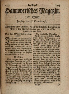 Hannoverisches Magazin (Hannoversche Anzeigen) Freitag 25. September 1767