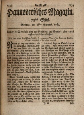 Hannoverisches Magazin (Hannoversche Anzeigen) Montag 28. September 1767