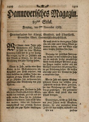 Hannoverisches Magazin (Hannoversche Anzeigen) Freitag 6. November 1767