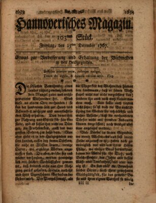 Hannoverisches Magazin (Hannoversche Anzeigen) Freitag 25. Dezember 1767