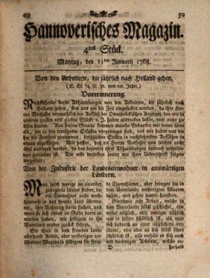 Hannoverisches Magazin (Hannoversche Anzeigen) Montag 11. Januar 1768