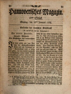 Hannoverisches Magazin (Hannoversche Anzeigen) Montag 18. Januar 1768