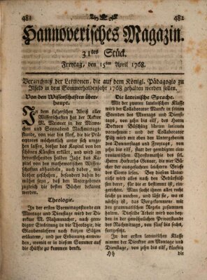 Hannoverisches Magazin (Hannoversche Anzeigen) Freitag 15. April 1768