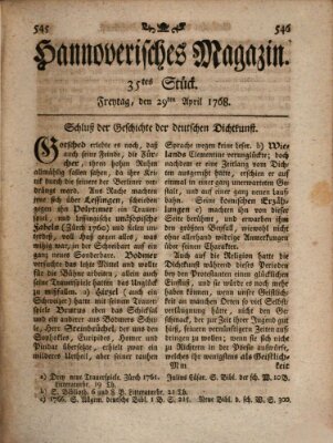 Hannoverisches Magazin (Hannoversche Anzeigen) Freitag 29. April 1768