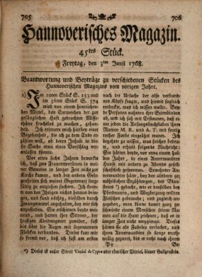 Hannoverisches Magazin (Hannoversche Anzeigen) Freitag 3. Juni 1768