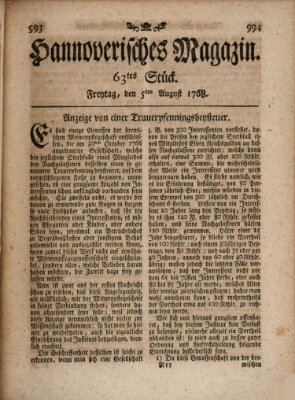 Hannoverisches Magazin (Hannoversche Anzeigen) Freitag 5. August 1768