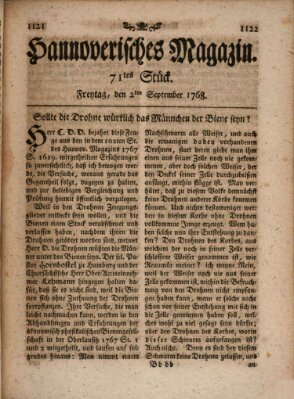 Hannoverisches Magazin (Hannoversche Anzeigen) Freitag 2. September 1768