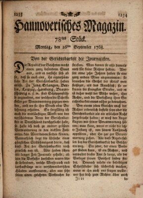 Hannoverisches Magazin (Hannoversche Anzeigen) Montag 26. September 1768