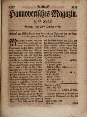 Hannoverisches Magazin (Hannoversche Anzeigen) Freitag 28. Oktober 1768