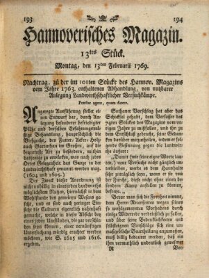 Hannoverisches Magazin (Hannoversche Anzeigen) Montag 13. Februar 1769