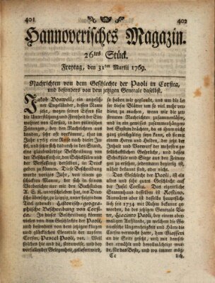 Hannoverisches Magazin (Hannoversche Anzeigen) Freitag 31. März 1769