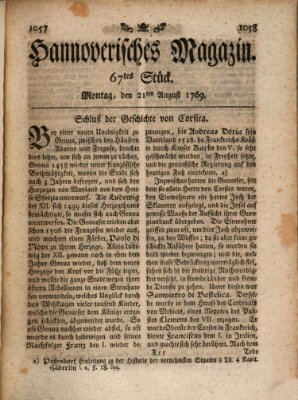 Hannoverisches Magazin (Hannoversche Anzeigen) Montag 21. August 1769