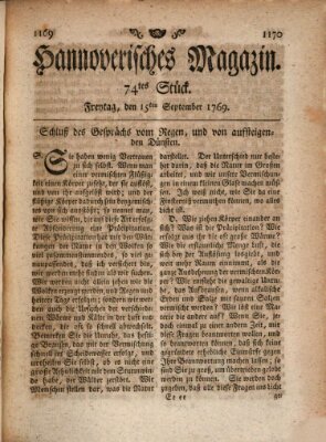 Hannoverisches Magazin (Hannoversche Anzeigen) Freitag 15. September 1769