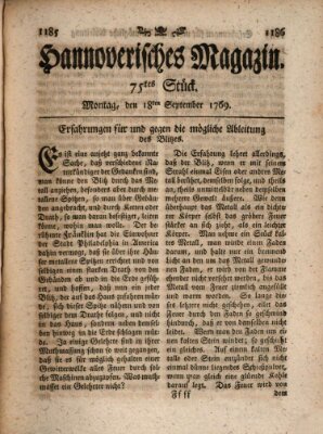 Hannoverisches Magazin (Hannoversche Anzeigen) Montag 18. September 1769