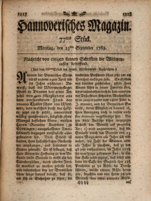 Hannoverisches Magazin (Hannoversche Anzeigen) Montag 25. September 1769