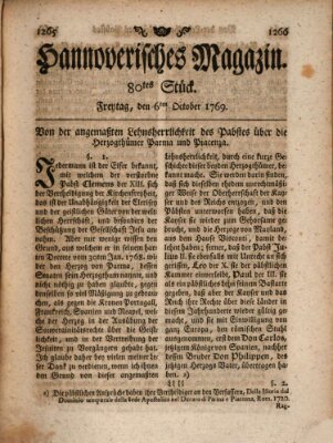 Hannoverisches Magazin (Hannoversche Anzeigen) Freitag 6. Oktober 1769