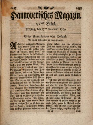 Hannoverisches Magazin (Hannoversche Anzeigen) Freitag 17. November 1769