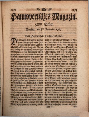 Hannoverisches Magazin (Hannoversche Anzeigen) Freitag 8. Dezember 1769