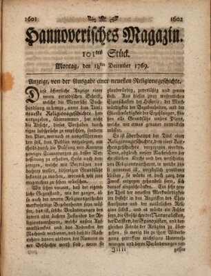 Hannoverisches Magazin (Hannoversche Anzeigen) Montag 18. Dezember 1769