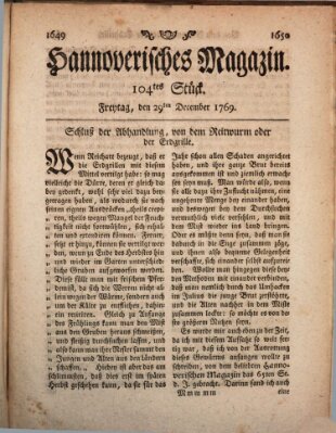 Hannoverisches Magazin (Hannoversche Anzeigen) Freitag 29. Dezember 1769