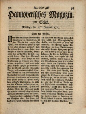 Hannoverisches Magazin (Hannoversche Anzeigen) Montag 22. Januar 1770