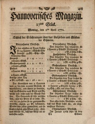 Hannoverisches Magazin (Hannoversche Anzeigen) Montag 2. April 1770