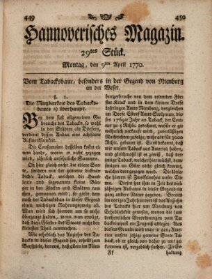 Hannoverisches Magazin (Hannoversche Anzeigen) Montag 9. April 1770