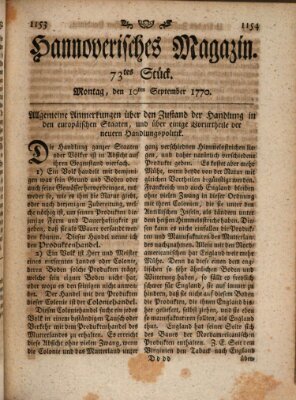 Hannoverisches Magazin (Hannoversche Anzeigen) Montag 10. September 1770