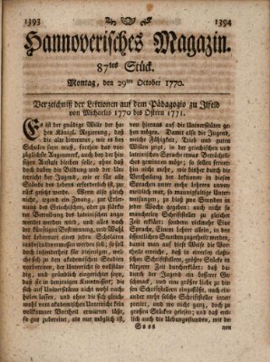 Hannoverisches Magazin (Hannoversche Anzeigen) Montag 29. Oktober 1770