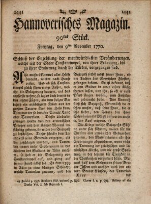 Hannoverisches Magazin (Hannoversche Anzeigen) Freitag 9. November 1770