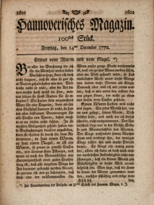 Hannoverisches Magazin (Hannoversche Anzeigen) Freitag 14. Dezember 1770