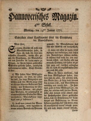 Hannoverisches Magazin (Hannoversche Anzeigen) Montag 14. Januar 1771