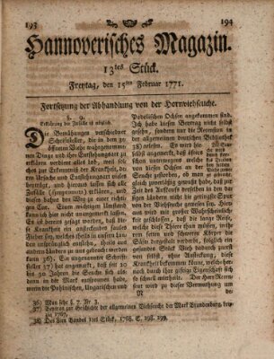 Hannoverisches Magazin (Hannoversche Anzeigen) Freitag 15. Februar 1771