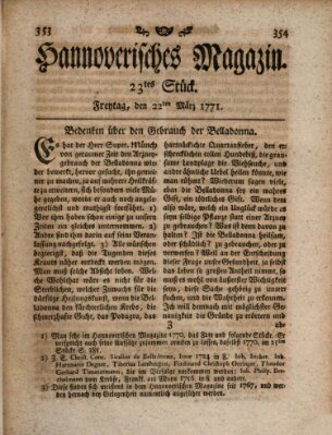 Hannoverisches Magazin (Hannoversche Anzeigen) Freitag 22. März 1771