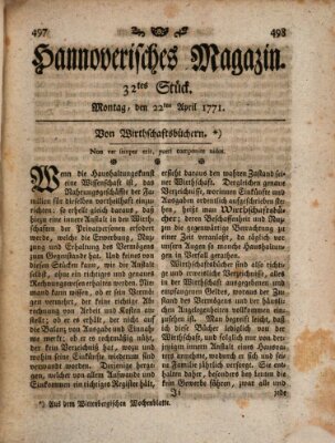 Hannoverisches Magazin (Hannoversche Anzeigen) Montag 22. April 1771