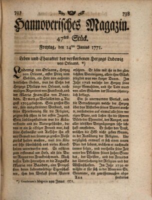 Hannoverisches Magazin (Hannoversche Anzeigen) Freitag 14. Juni 1771