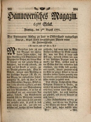 Hannoverisches Magazin (Hannoversche Anzeigen) Freitag 9. August 1771