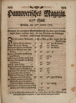 Hannoverisches Magazin (Hannoversche Anzeigen) Freitag 18. Oktober 1771