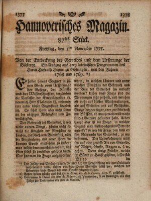 Hannoverisches Magazin (Hannoversche Anzeigen) Freitag 1. November 1771