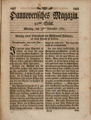 Hannoverisches Magazin (Hannoversche Anzeigen) Montag 18. November 1771