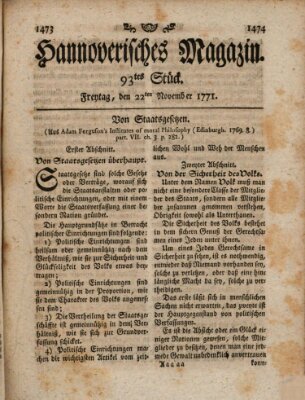 Hannoverisches Magazin (Hannoversche Anzeigen) Freitag 22. November 1771