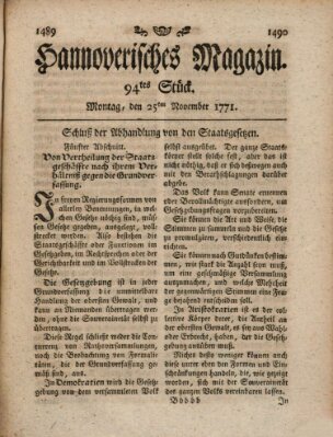 Hannoverisches Magazin (Hannoversche Anzeigen) Montag 25. November 1771